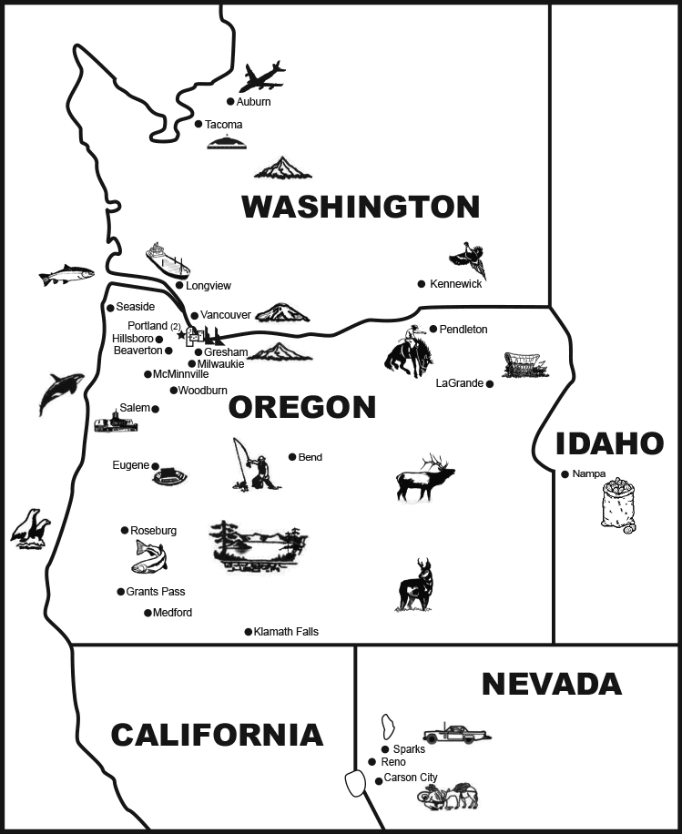 Line Drawing Illustration of Pacific Northwest showing branch offices